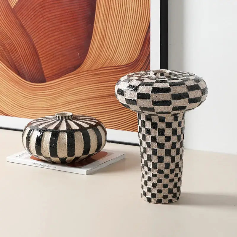 Tall black and white geometric check ceramic vase with rounded mushroom-shaped top for living room decorbites geometric check decor