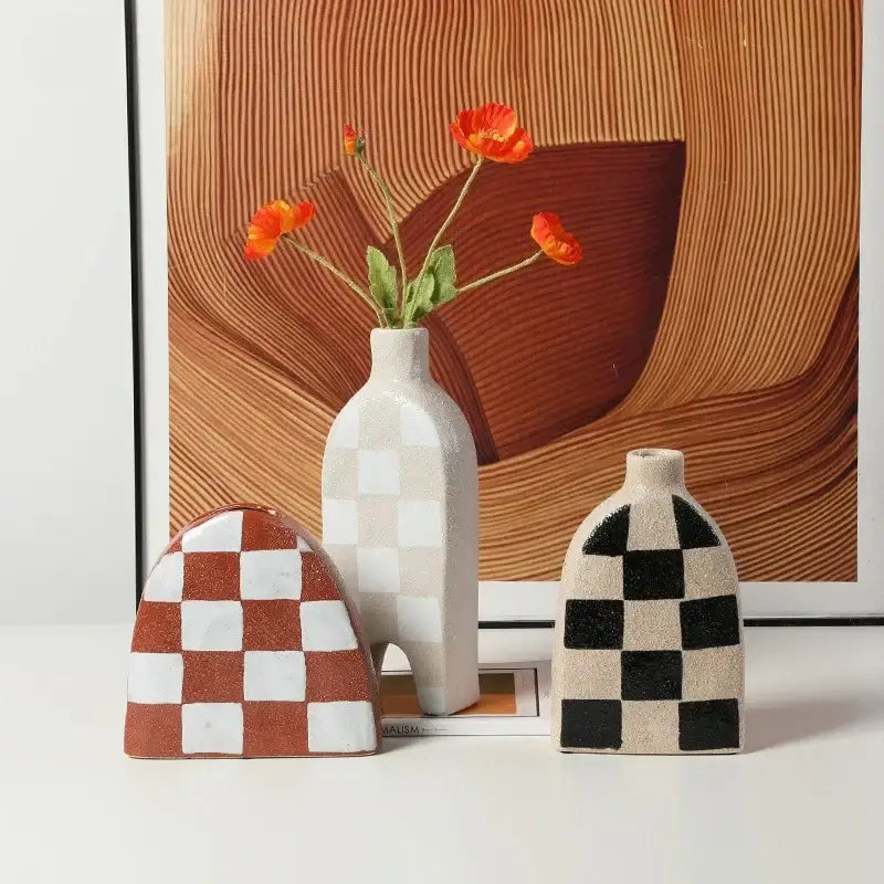 Three ceramic vases with geometric check patterns in brown white and beige black for living room decorbites geometric check ceramic set