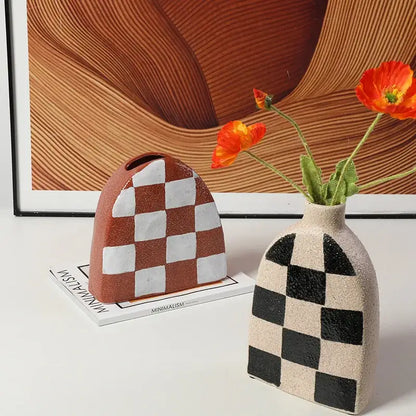 Two ceramic vases with a brown white and black beige geometric check textured surface for living room decorbites geometric check ceramic decor