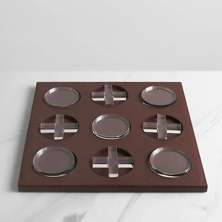 Brown leather tray with nine clear glass coasters including three with cross design geometric checkerboard home decor