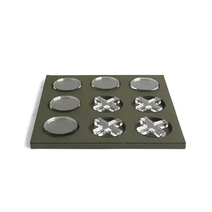 Olive green rectangular tray with nine clear acrylic game pieces on a geometric checkerboard grid for home decor