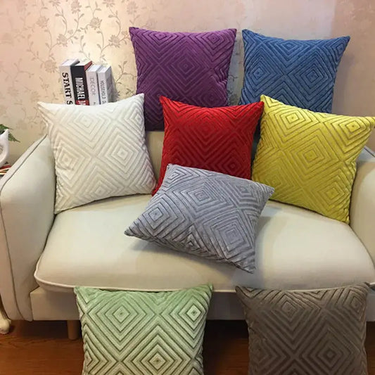 Set of colorful velvet chenille flocking cushion covers with geometric quilted patterns for living room decorbites geometric chenille