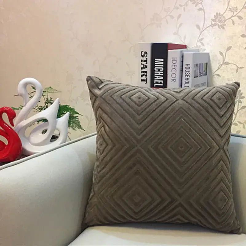 Taupe velvet cushion cover with raised geometric diamond pattern featuring chenille flocking for decorbites geometric chenille decor