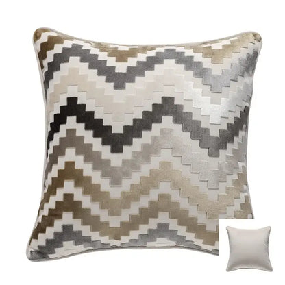 Square throw pillow with textured zigzag pattern in gray, beige, and black for decorbites geometric chenille flocking cushion cover