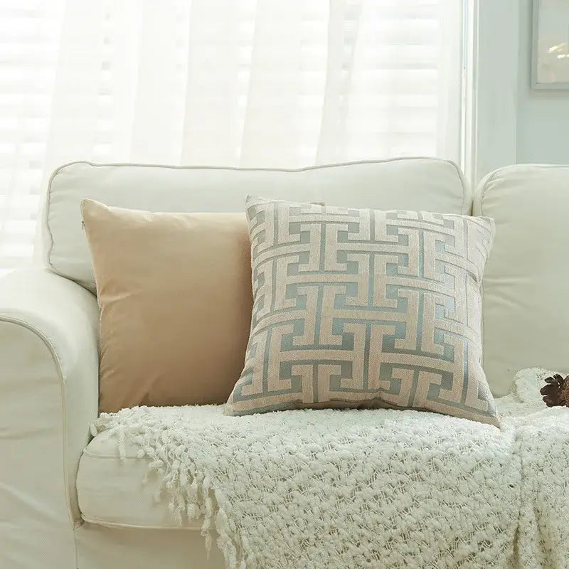 Beige and gray geometric chenille throw pillowcase with textured fabric finish for living room decorbites decor