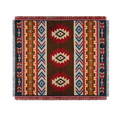 Brown woven geometric cotton knitted sofa blanket with red beige blue and black patterns and fringed edges for decorbites geometric cotton decor