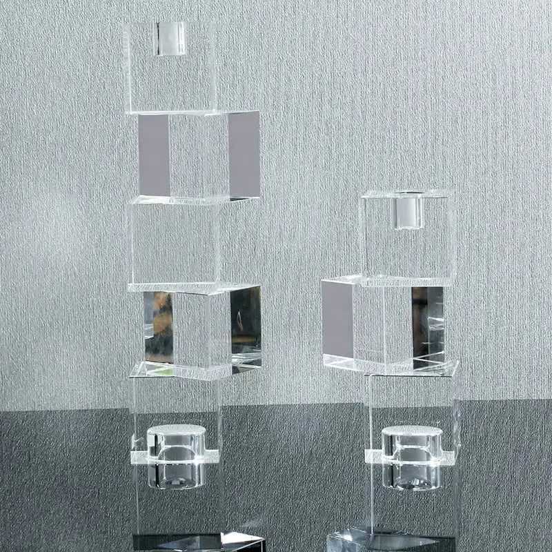 Clear acrylic cube candle holder with mirrored surfaces and cylindrical bases for decorbites geometric crystal glass decor