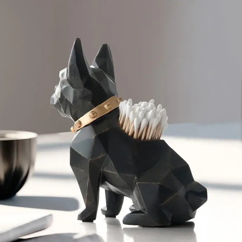Black geometric french bulldog desk organizer with gold studded collar holding cotton swabs decorbites dog resin pen holder