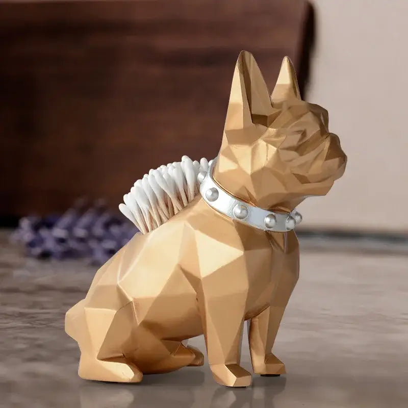 Golden geometric french bulldog dog resin pen holder with silver collar and cotton swabs for desk organizer decorbites dog resin