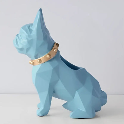 Light blue geometric french bulldog resin dog pen holder with gold studded collar desk organizer decorbites dog resin decor
