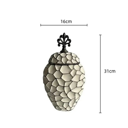 A 31cm tall ceramic vase with a geometric diamond check gray mosaic pattern and a black metal finial for living room decor