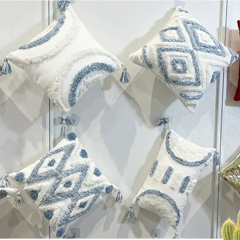 White and blue textured throw pillows with tassels featuring decorbites geometric diamond tufted embroidery for living room decor