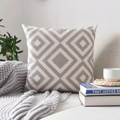 Square cushion cover with gray and white geometric embroidered diamond pattern textured for living room decorbites cushion cover