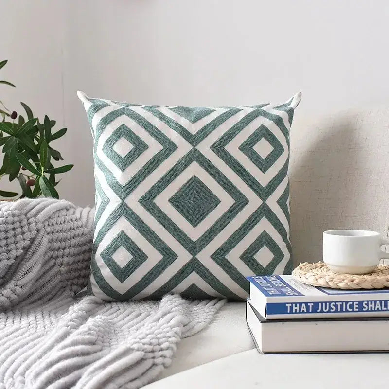 Square cushion cover with teal and white geometric embroidered interlocking diamonds for living room decorbites decor