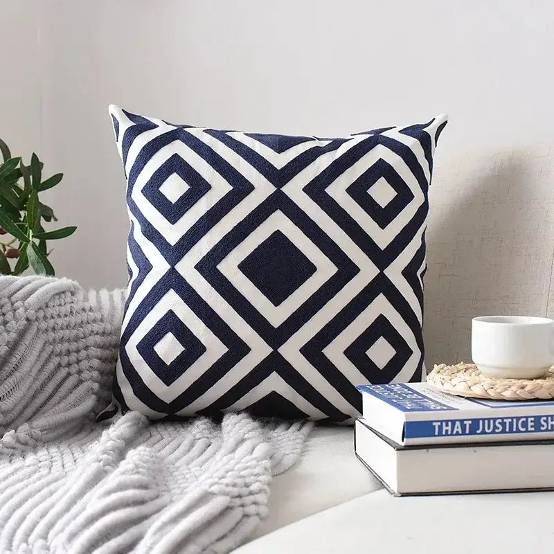 Square cushion cover with bold navy blue and white geometric embroidered diamond pattern for living room decorbites geometric embroidered cushion