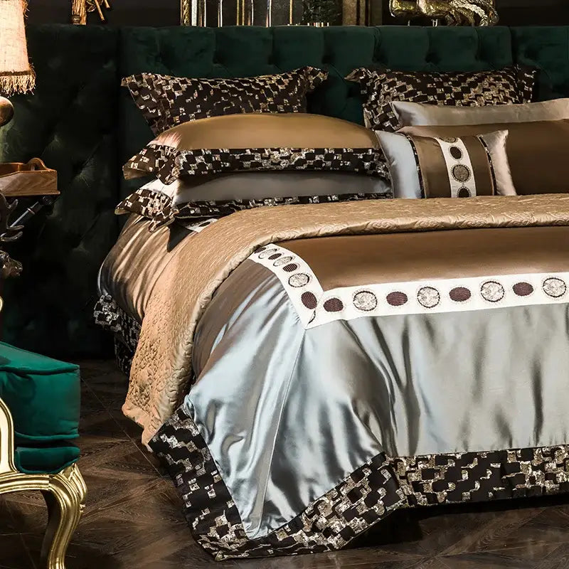 Luxury satin bedding set in rich brown and silver with black and gold geometric embroidered egyptian cotton trim
