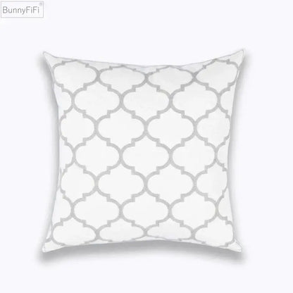 White square cotton cushion cover with geometric embroidered gray quatrefoil pattern for living room decorbites decor