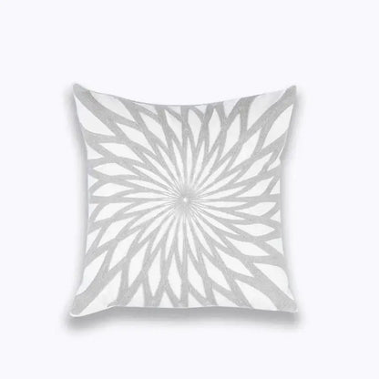White cotton cushion cover featuring a radiant silver geometric embroidered pattern for living room decorbites decor
