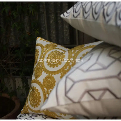 Gold and white geometric embroidered noble cushion cover with intricate circular designs for living room decorbites decorbites cushion covers