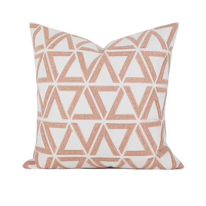 A white square cushion cover with rose gold geometric embroidered noble interlocking triangles for living room decorbites
