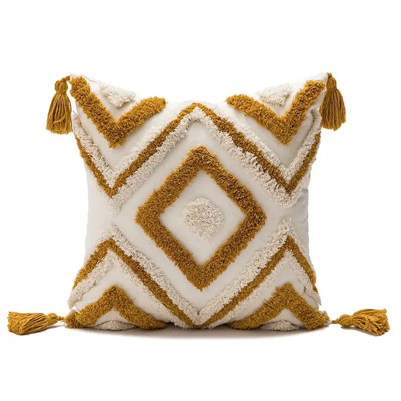 Cream and mustard yellow geometric embroidery boho cushion cover with tassels for living room decorbites throw pillow