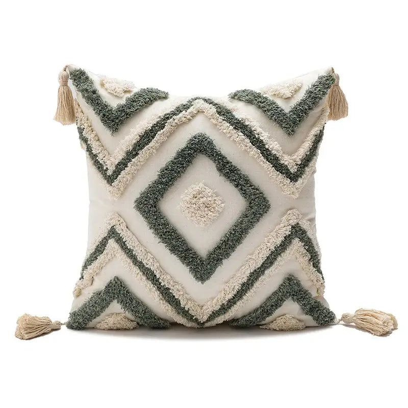 Cream and sage green cushion cover with decorbites geometric embroidery and tassels for boho living room decor