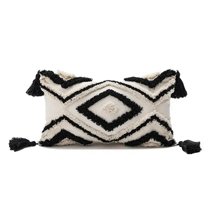 Black and cream geometric embroidery boho cushion cover with tassels for living room decorbites throw pillow decor