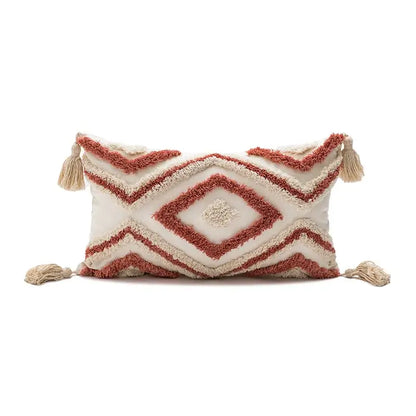 Cream-colored rectangular cushion cover with rust-red decorbites geometric embroidery and tassels for living room decorbites geometric embroidery boho use