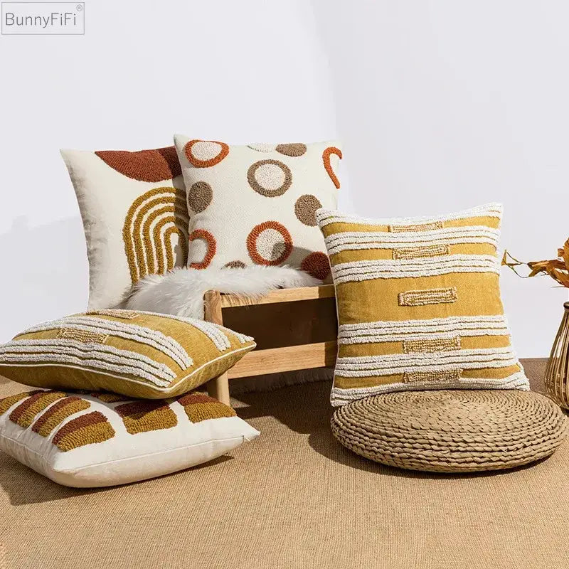 Bunnyfifi cushion cover with decorbites geometric embroidery circle in mustard yellow terracotta and cream for living room decor
