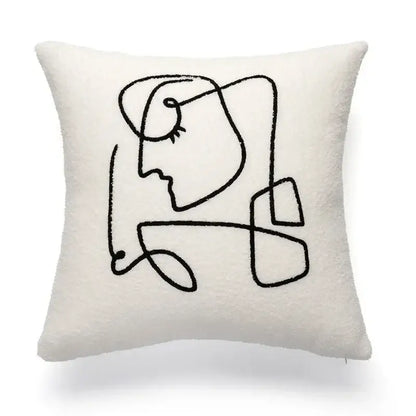 Cream-colored felt cushion cover with minimalist black line abstract face geometric embroidery decorbites geometric embroidery