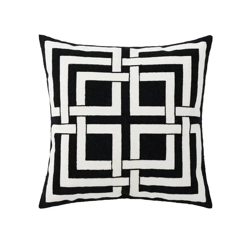 Black and white geometric embroidery cushion cover with bold interlocking square pattern for living room decorbites decor