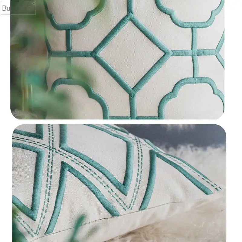 Cream-colored cushion cover with teal geometric embroidery diamond and zigzag pattern for living room decorbites decor