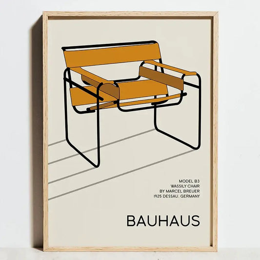 A minimalist light wood framed poster featuring a stylized orange and black wassily chair for wall art pieces and exhibition posters