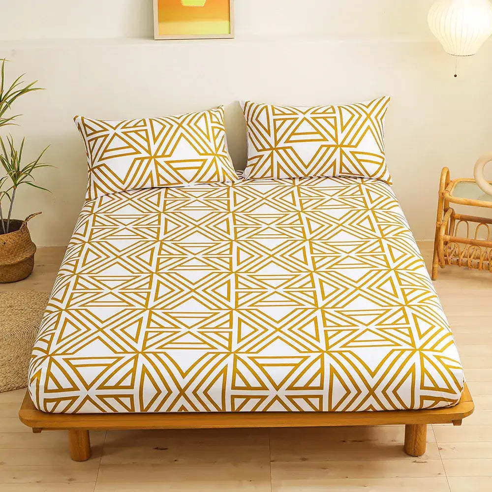 White sheet set with gold geometric figure lines and matching pillowcases for decorbites geometric figure bedding