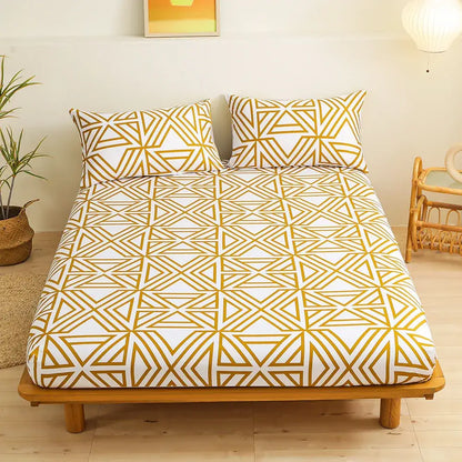 White sheet set with gold geometric figure pattern and matching pillowcases from decorbites geometric figure collection
