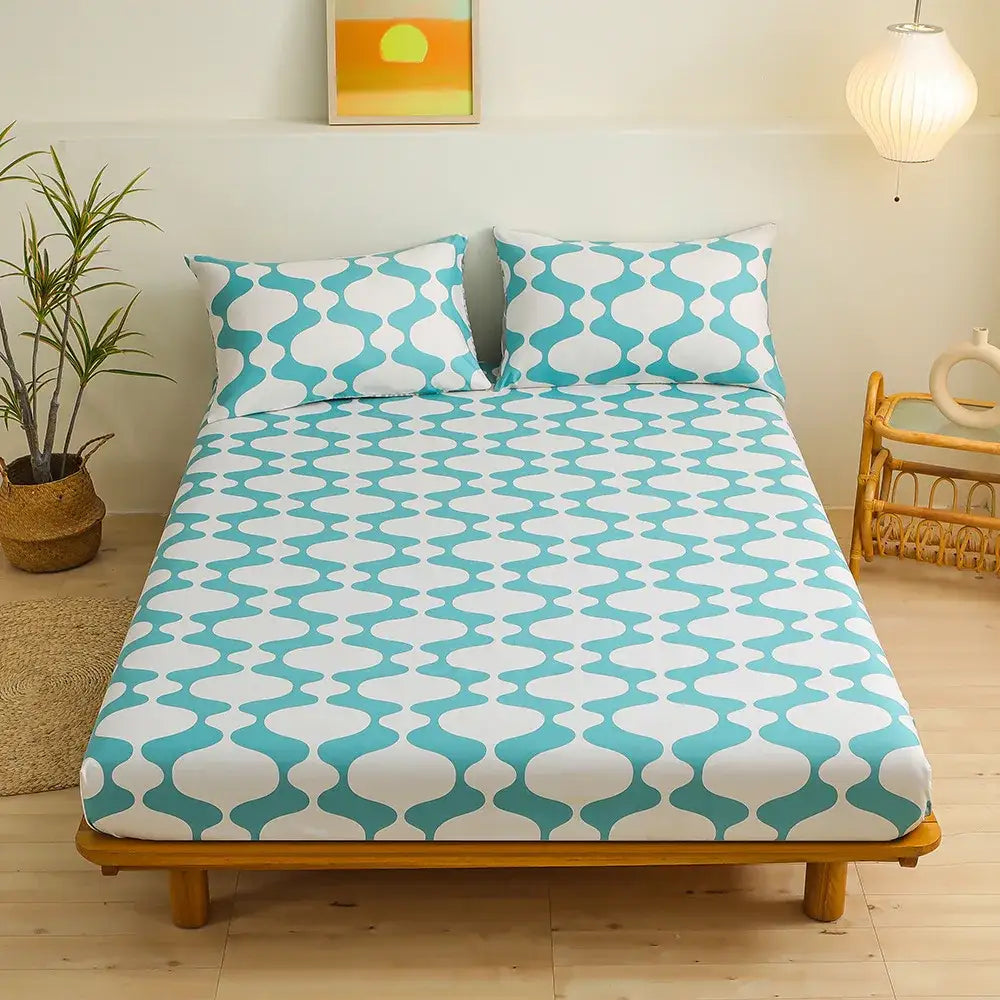 Turquoise and white geometric figure sheet set from decorbites for stylish bedroom bedding decor