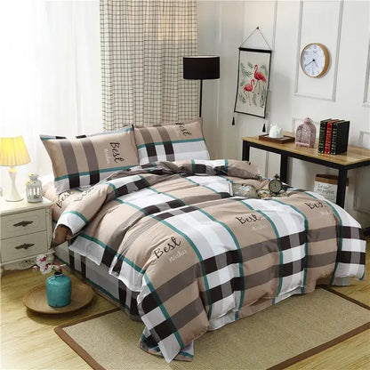 Beige black and teal plaid bedding set with best wishes script featuring decorbites geometric floral design