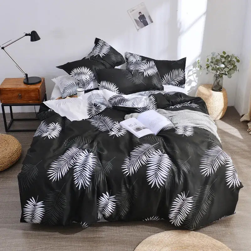 Black duvet cover with bold white palm leaf pattern in decorbites geometric floral bedding set for bedroom use