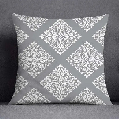 Gray throw pillow case with white damask geometric floral print for living room decorbites decorbites geometric floral decor