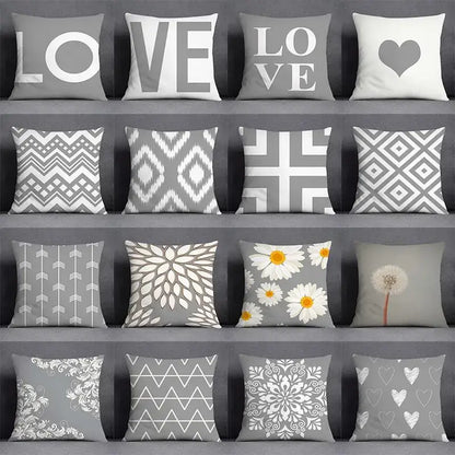 Gray and white geometric floral print pillow case with love text for living room decorbites decorbites geometric floral decor