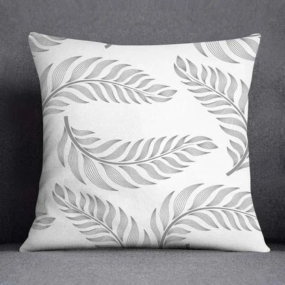 White throw pillow case with a geometric floral print of gray stylized fern leaves for living room decorbites decor