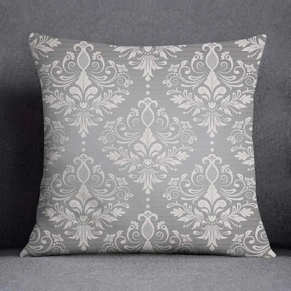 Gray throw pillow case with intricate white damask geometric floral print for living room decorbites decor