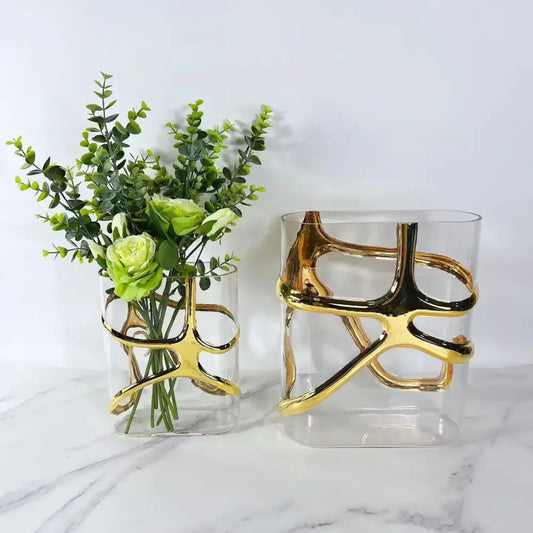 Clear glass vase with intricate gold-edged glass bands forming abstract patterns for living room decorbites decor