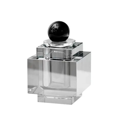 Clear acrylic perfume bottle with geometric glossy black stopper for use with geometric storage jar jewelry box