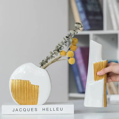 White ceramic vase with geometric gold striped vertical ribbed accent for living room hydroponics decor