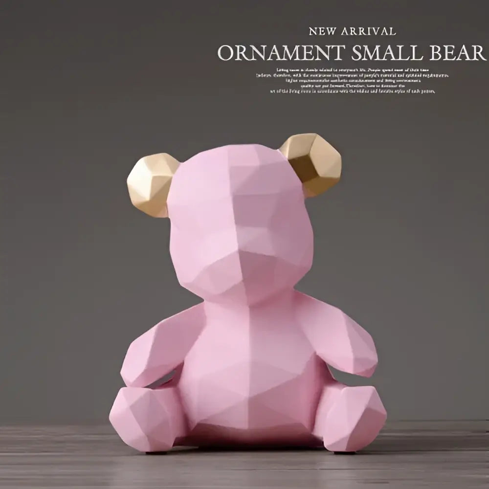Pink geometric bear figurine resin sculpture with gold-colored ears for living room decor