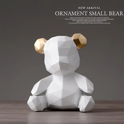 White geometric bear figurine resin sculpture with gold faceted ears for living room decor