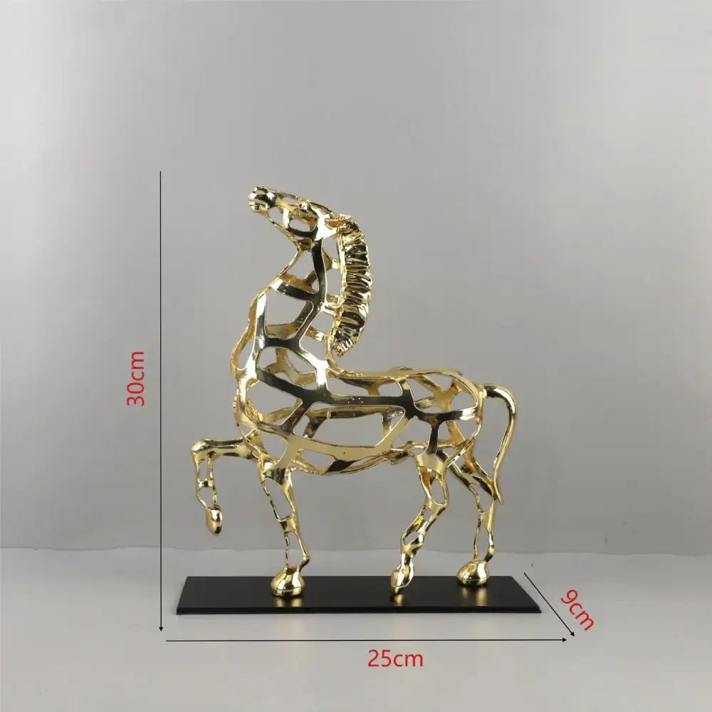 Geometric golden horse metal sculpture with abstract open-frame design for living room decorbites golden horse decor
