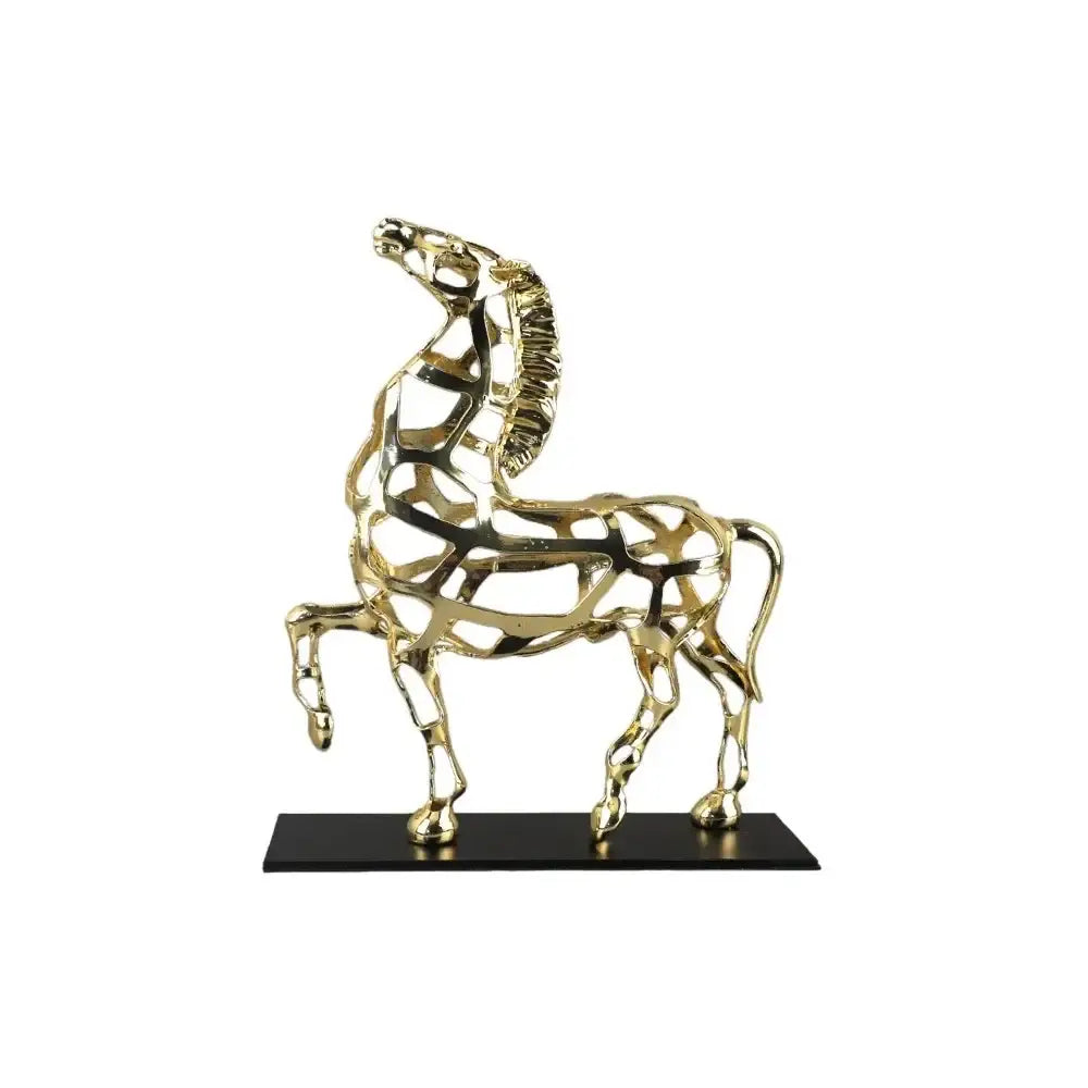 Geometric decorbites golden horse metal sculpture with sleek wireframe design and black base for living room decor
