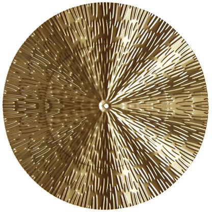 Geometric golden metal circular wall art with textured radiating pattern for living room decorbites golden metal wall